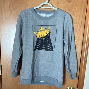 Gray Sweatshirt with Cat and Crown Design | Size Small